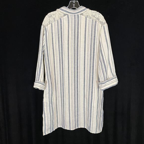 Zara Shirt Dress Linen Blue Cream Striped Lace Shoulder Tunic Style Mini S - Picture 6 of 6